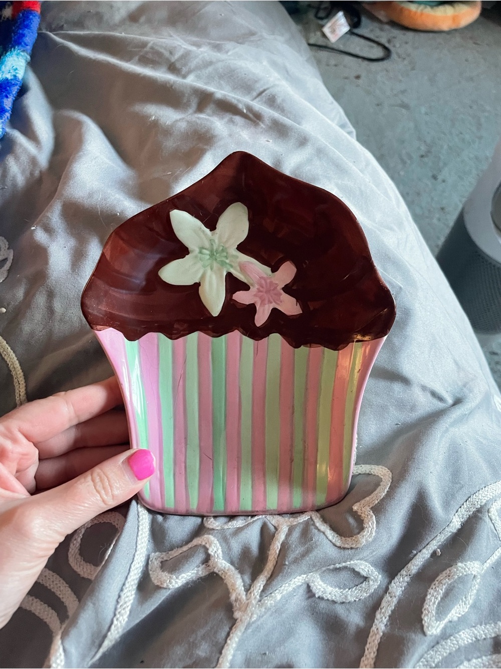 Hand-Painted Pink & Green Cupcake Trinket Dish